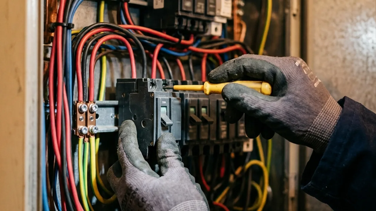 Electrician hands adjusting a circuit breaker inside an open switchboard